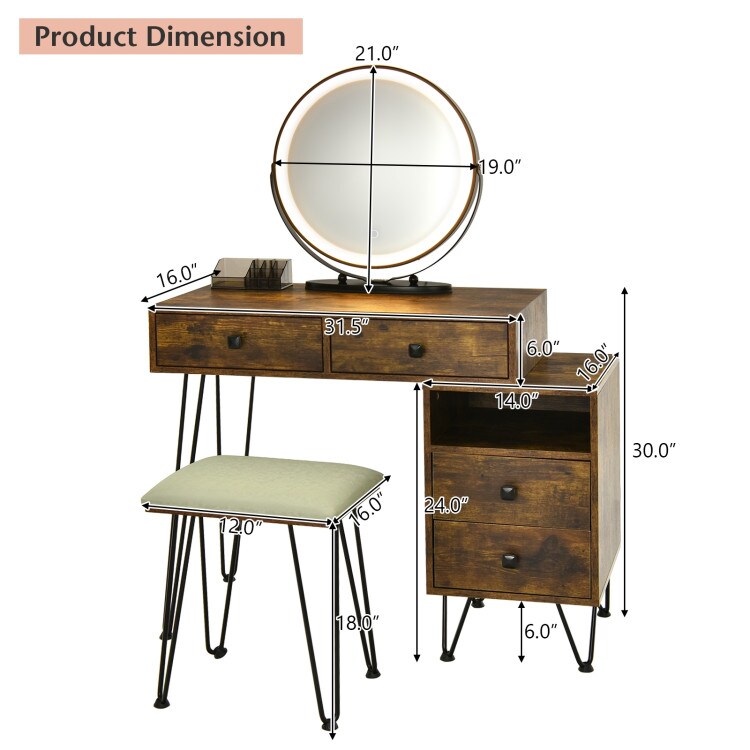 Brown 2-in-1 Vanity Table with Rotatable 3-Color LED Mirror Cushioned Stool Large Drawers and Side Cabinet