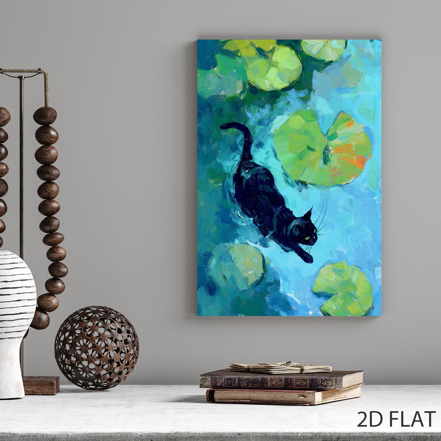 Black Cat in Pond Canvas Wall Decor - Premium Pine Frame, Mortise - Tenon Joint & Non - Toxic Water - Based Ink | 12*8inch