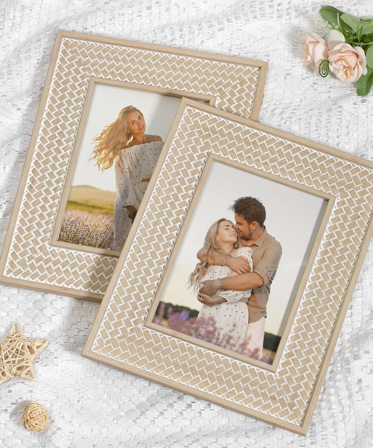 5x7 Picture Frame Boho Picture Frames Nature Beige Bohemia Photo Frame(beige&white*2)7"L x 5"W