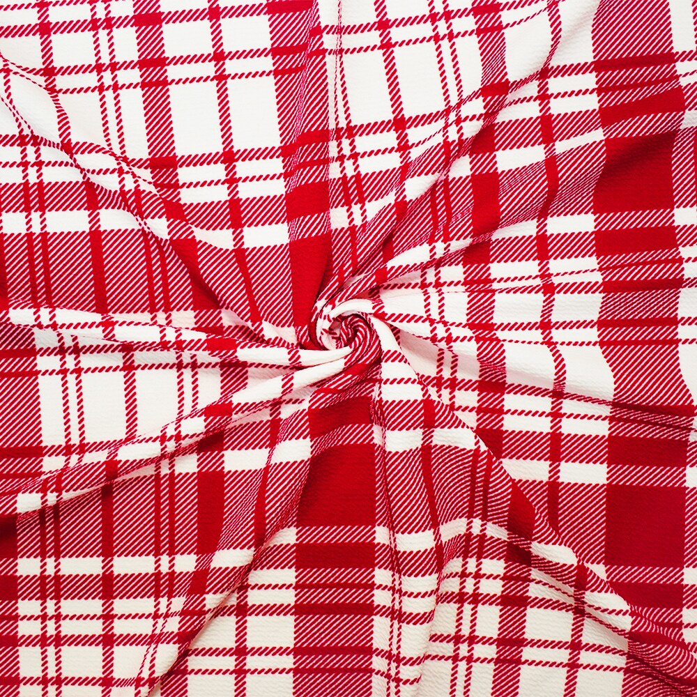 Red-White Poly Plaid Printed Stretch Spandex Liverpool Double Knit Fabric By the Yard