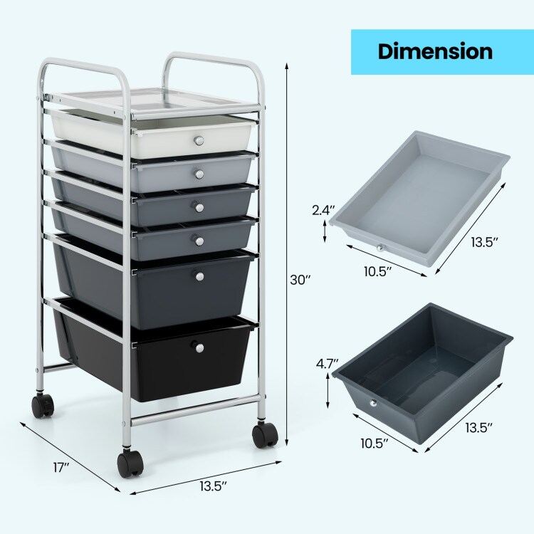 6 Drawer Storage Cart with Wheels PP Plastic Organizer Unit Steel Frame Rolling Utility Trolley for Home Office Bathroom Kitchen Organization Multi Purpose