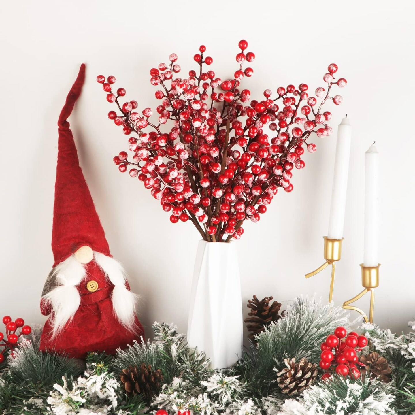 10 Pack Christmas Red Berry Stems(Red -Snowy)