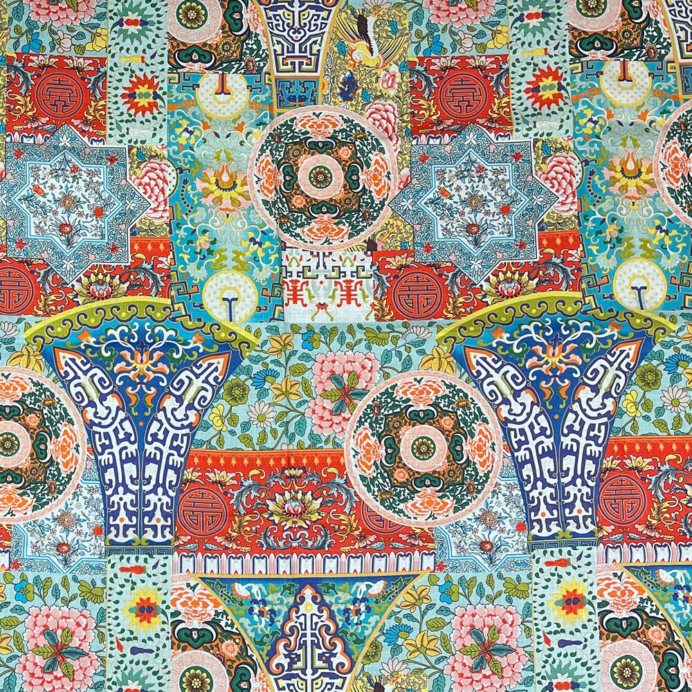 Peach-Teal-Multi Asian Medallion Floral Tile Printed Linen Woven Fabric By the Yard