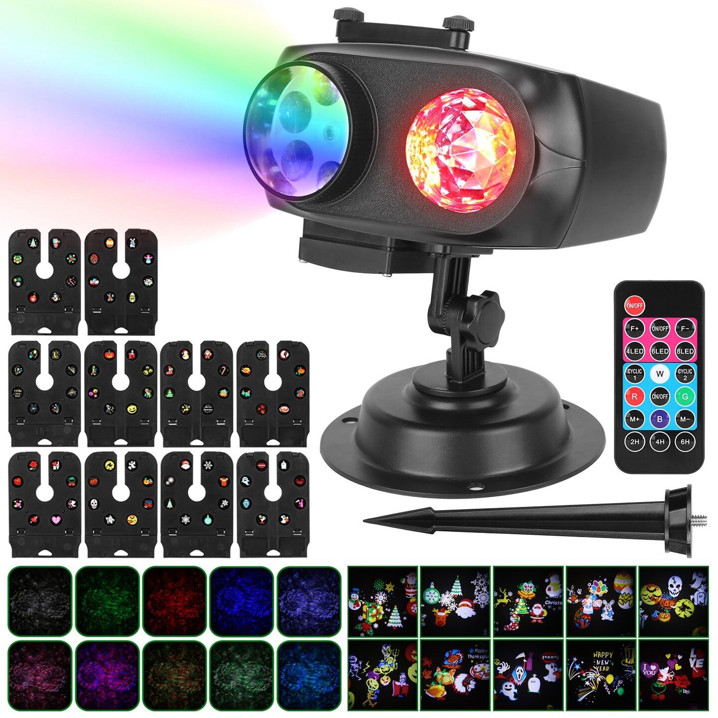 2 In 1 Holiday Projector Light Projection Lamp Indoor Outdoor with 10-Color Ocean Wave 10 HD Slides 3 Bases Remote Control for New Year Valentine&#x27;s Day Christmas Halloween Thanksgiving Easter