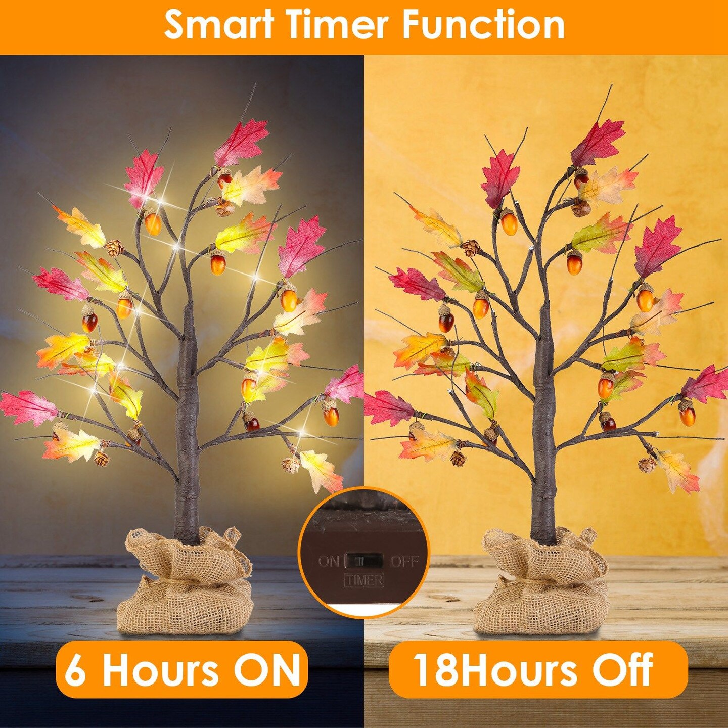 2Pcs 2FT Artificial Lighted Maple Tree With 24Pcs Warm White LED Beads 6Hrs Timer Battery Powered Artificial Fall Tree Tabletop Indoor Outdoor Fall Decoration Autumn Wedding Party Harvest