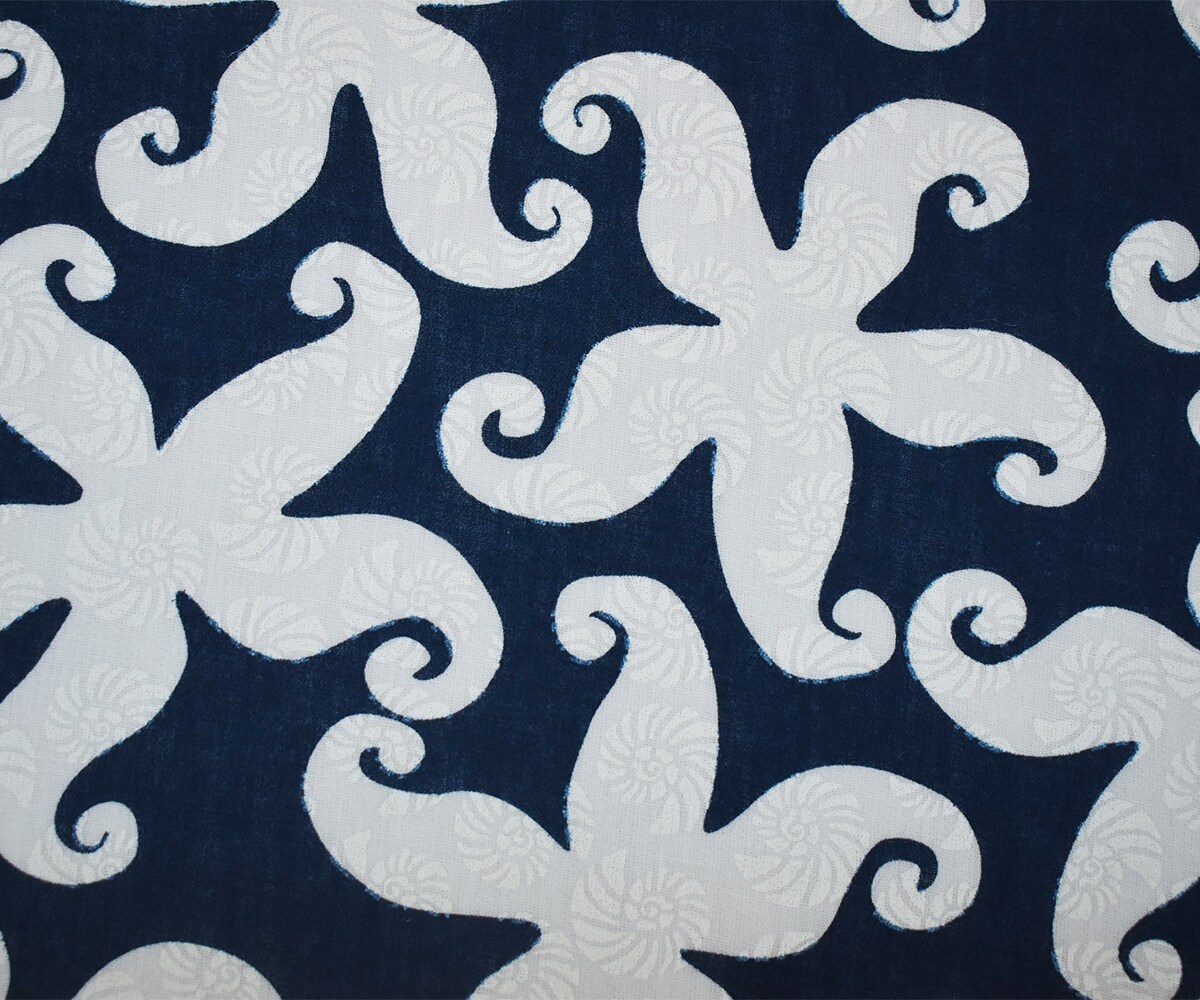 Deep Blue-White Cotton Star Fish-Shell Printed Gauze Woven Fabric By the Yard