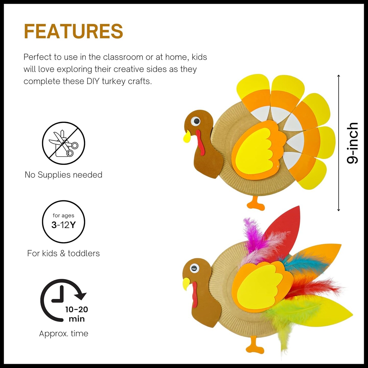 4E&#x27;s Novelty Turkey Plate Craft Kit for Kids (4 Pack) &#x2013; DIY Thanksgiving Arts &#x26; Crafts, 2 Styles, Self-Adhesive Foam Stickers, Feathers &#x26; Googly Eyes, Fall Activity for Toddlers, Kids &#x26; Classroom Fun