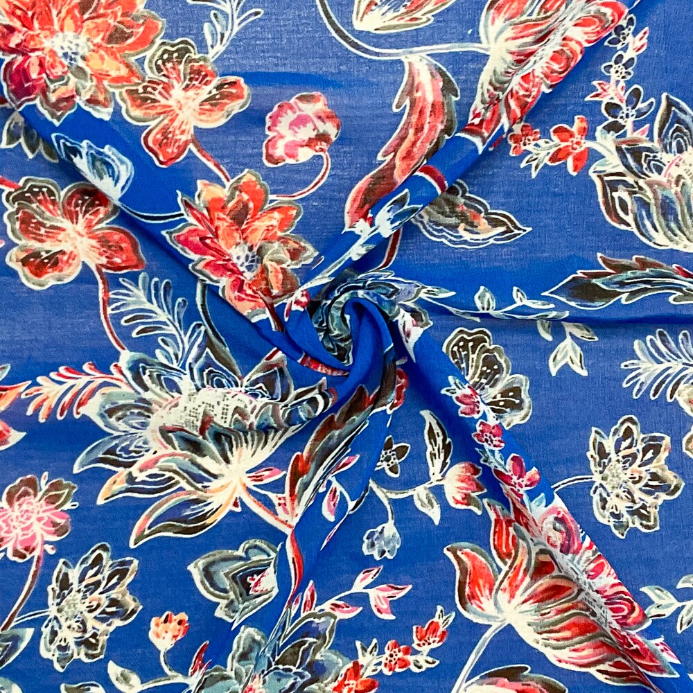 Blue-Red-Multi Poly Floral Printed Chiffon Woven Fabric By the Yard