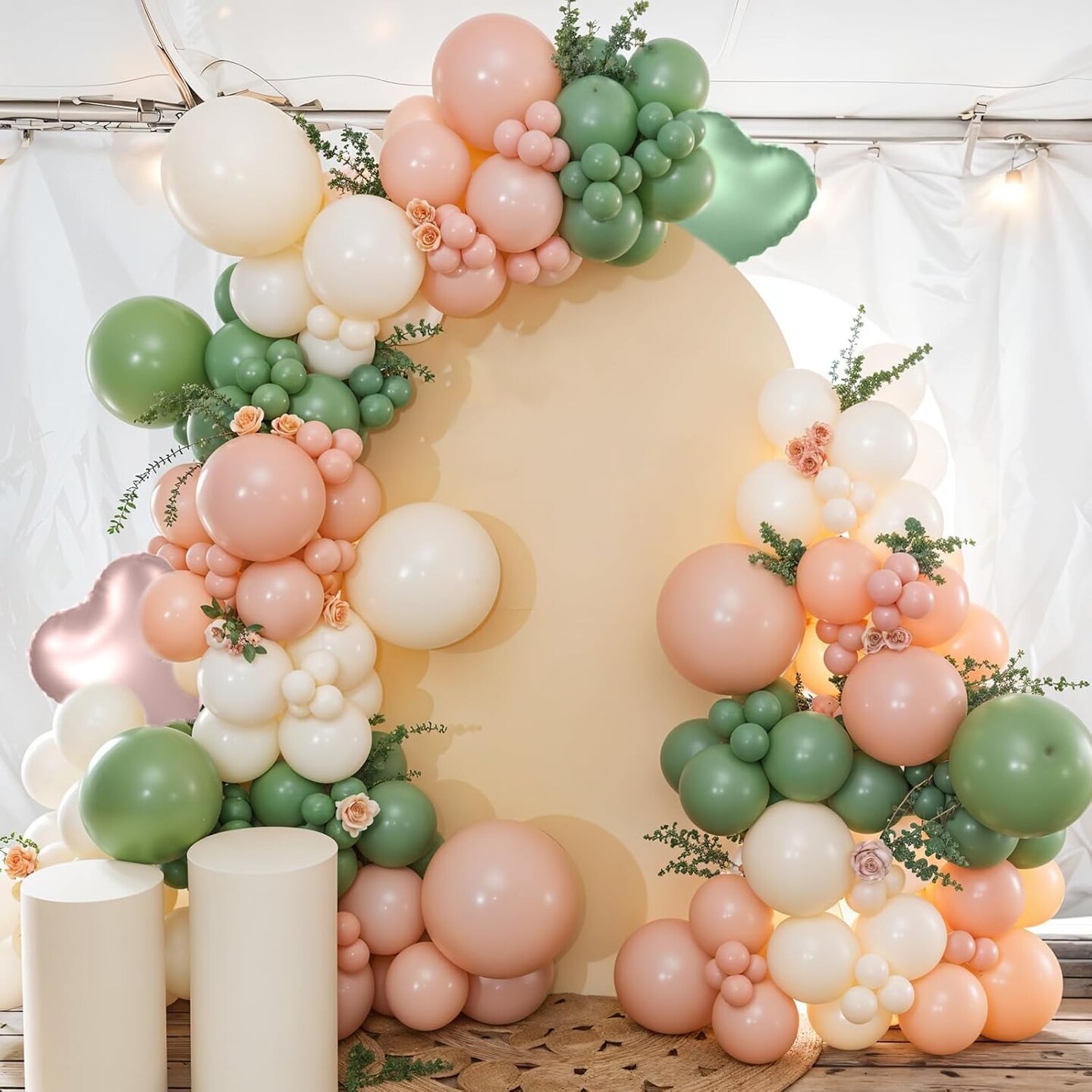 12 Inch Retro Sage Green Pink Nude Metallic Gold Confetti Balloons(Green Pink Gold)