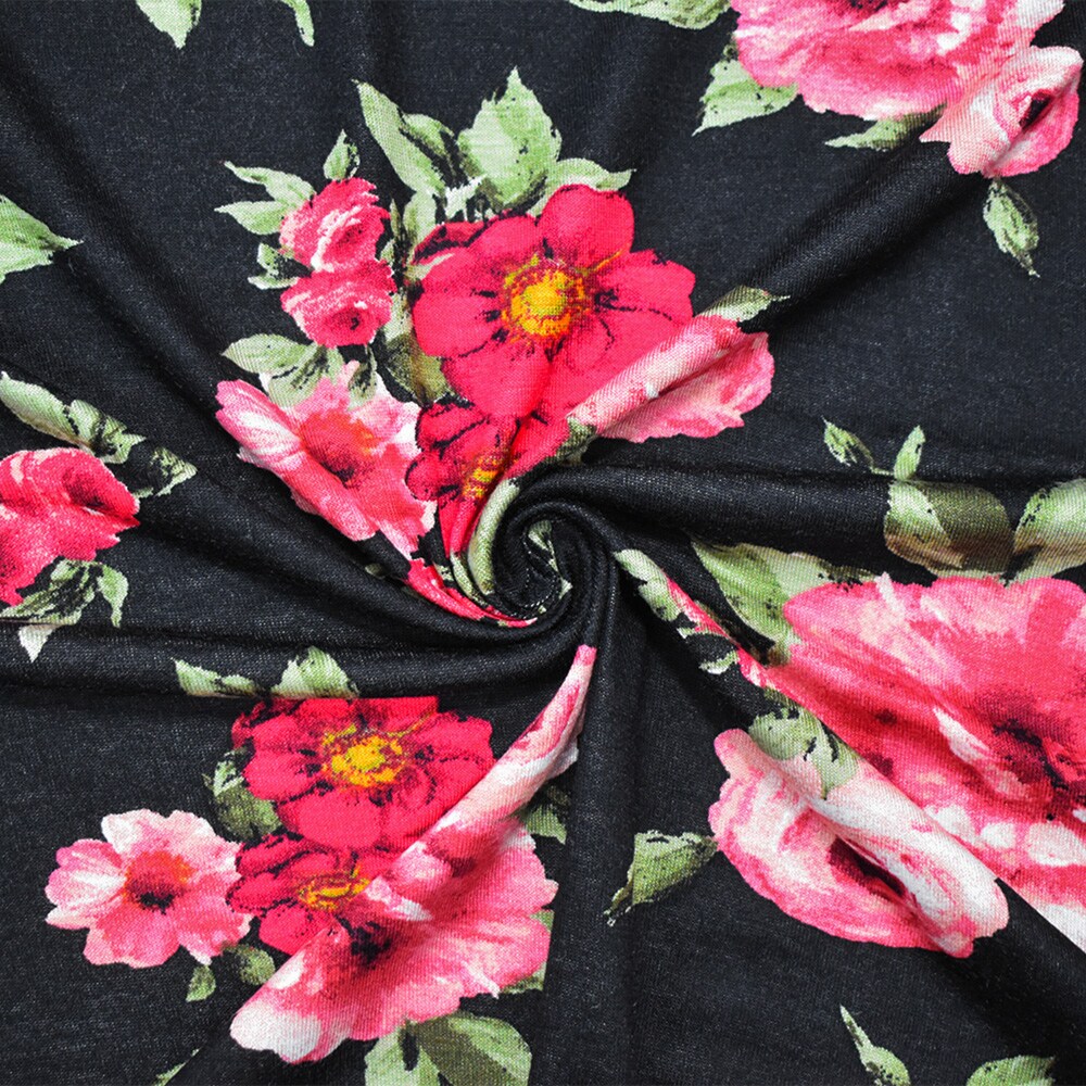 Black-Pink-Multi Cotton Floral Printed Stretch Spandex Jersey Knit Fabric By the Yard