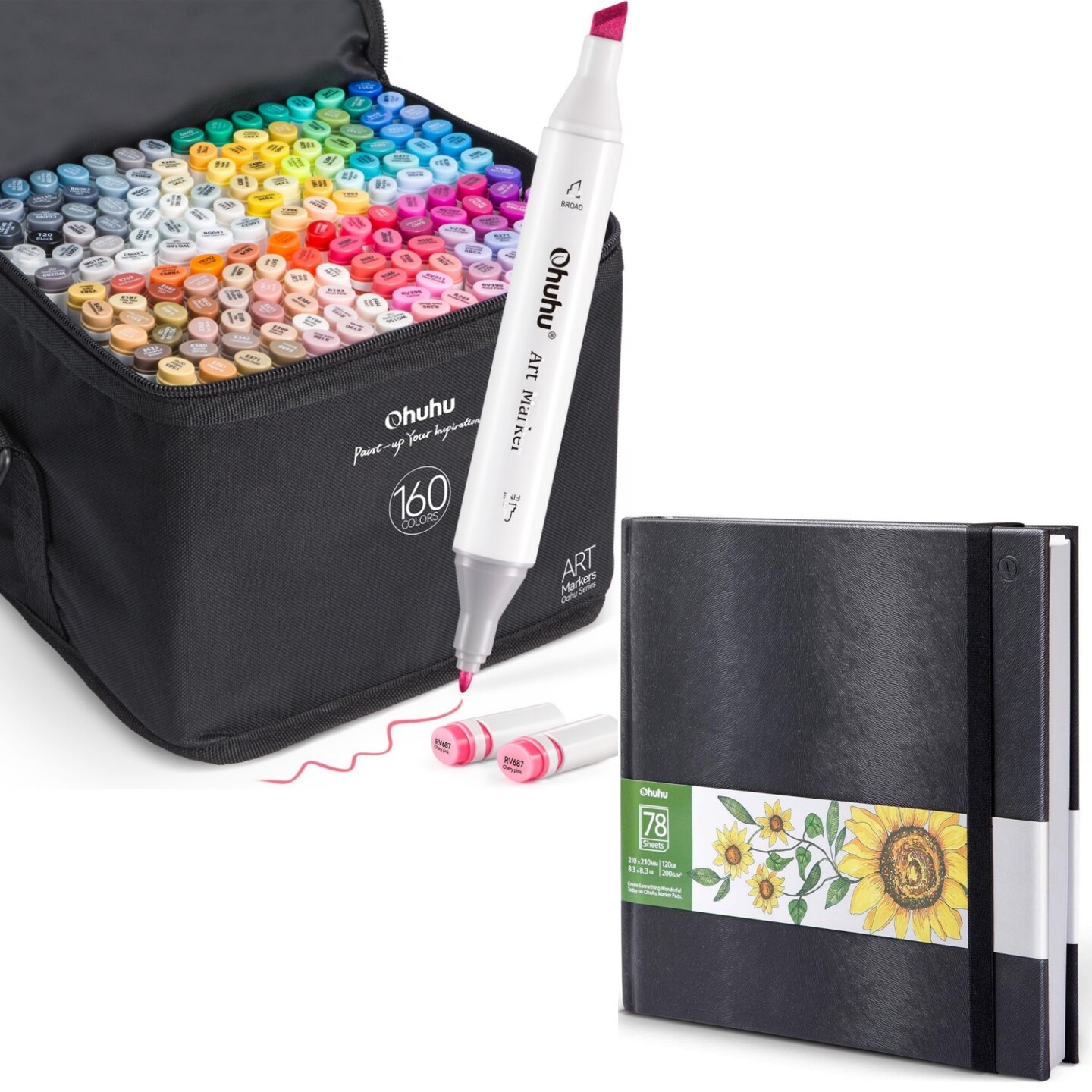 Ohuhu Oahu 160 Colors Alcohol Markers + 8.3&#x22;x8.3&#x22; Sketchbook Marker Paper Pad