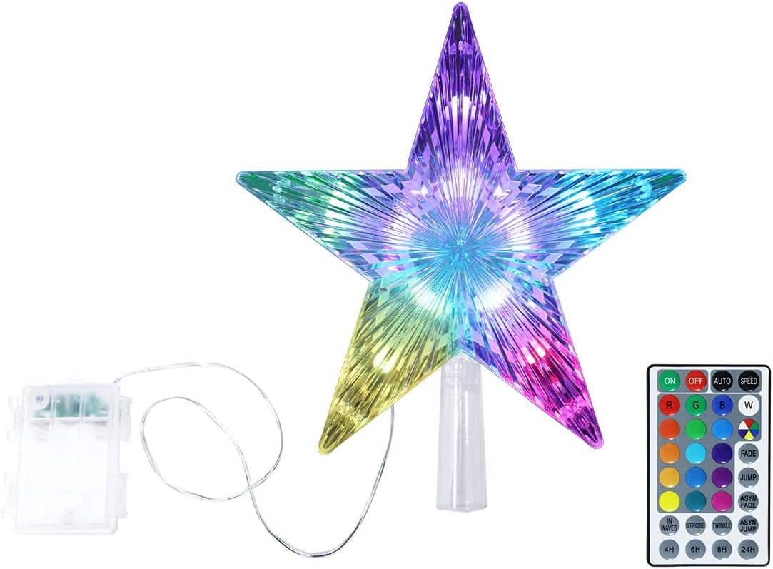 9.5" Christmas Star Tree Topper With Remote - 17 Colors, 8 Modes, Battery Powered LED