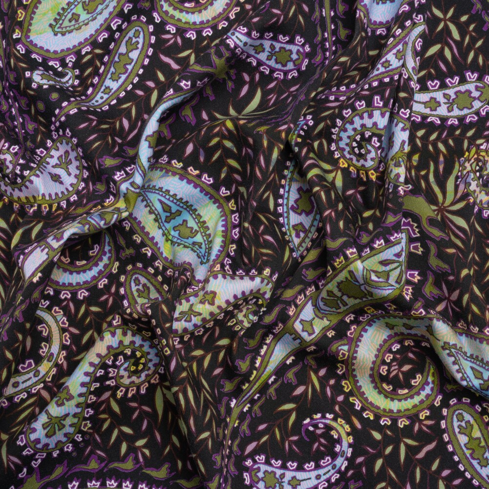 1 Yard Black Green and Purple Paisley and Leaves Leafy Life Stretch Cotton and Viscose Sateen