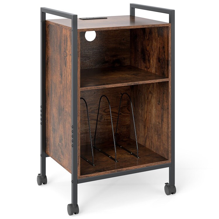 Rustic Brown-Black Metal 3-Tier Vinyl Record Stand with Power and Wheels