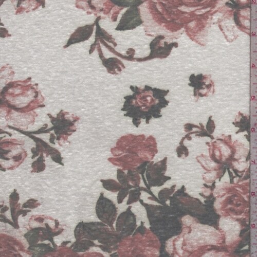 Ivory/Terra Cotta Rose Slub Jersey Knit Fabric By the Yard