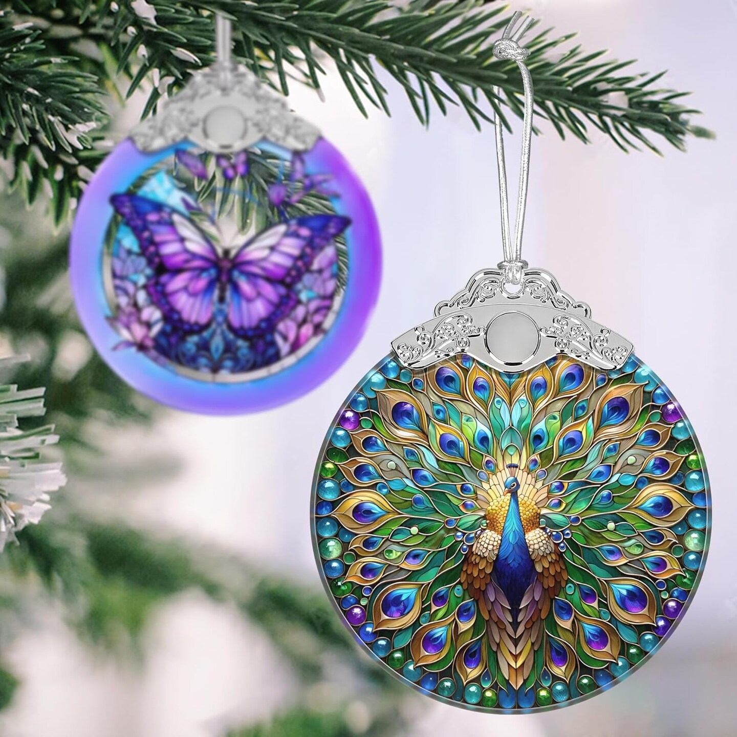 Peacock Christmas Ornament - Stained Glass Hanging Tree Decoration