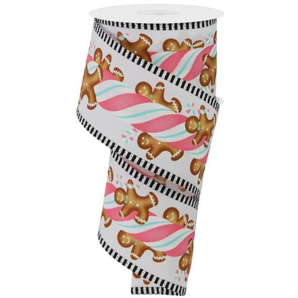 2.5&#x22; Gingerbread Kids Stripe Ribbon: White/Pink (10 Yards)