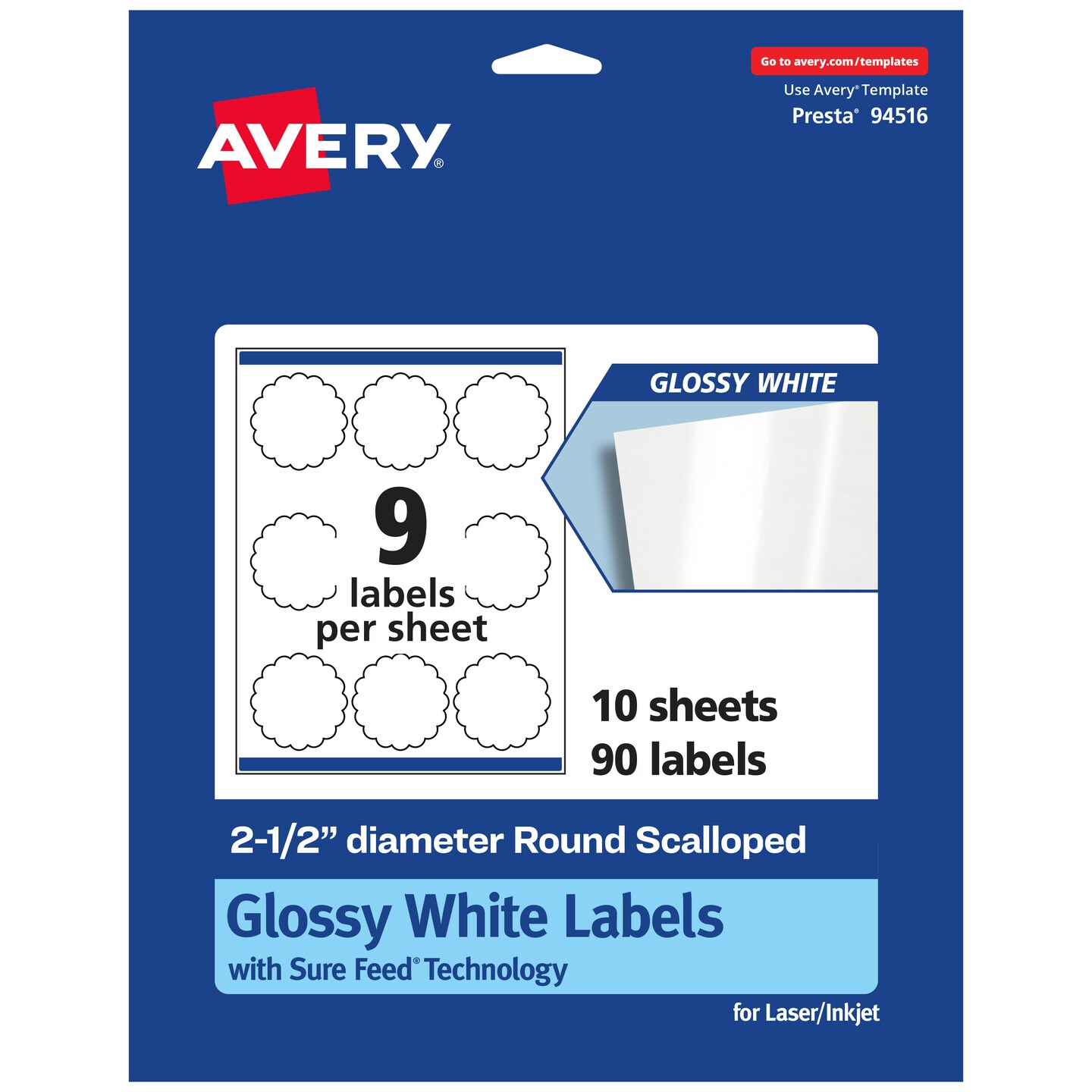 Avery Glossy White Round Scalloped Labels with Sure Feed, 2.5" Diameter