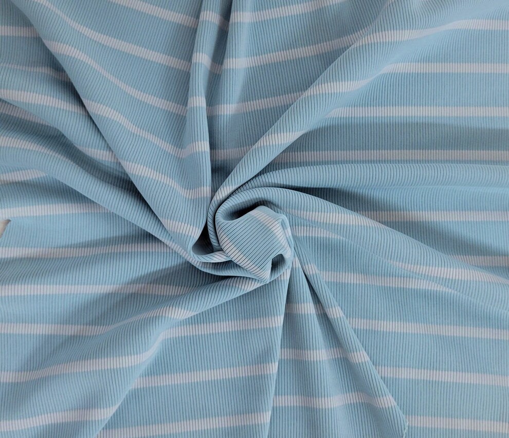 1 Yard Blue Stripe 1x1 Rib Knit Fabric Nylon Spandex Stretch Ribbing ...