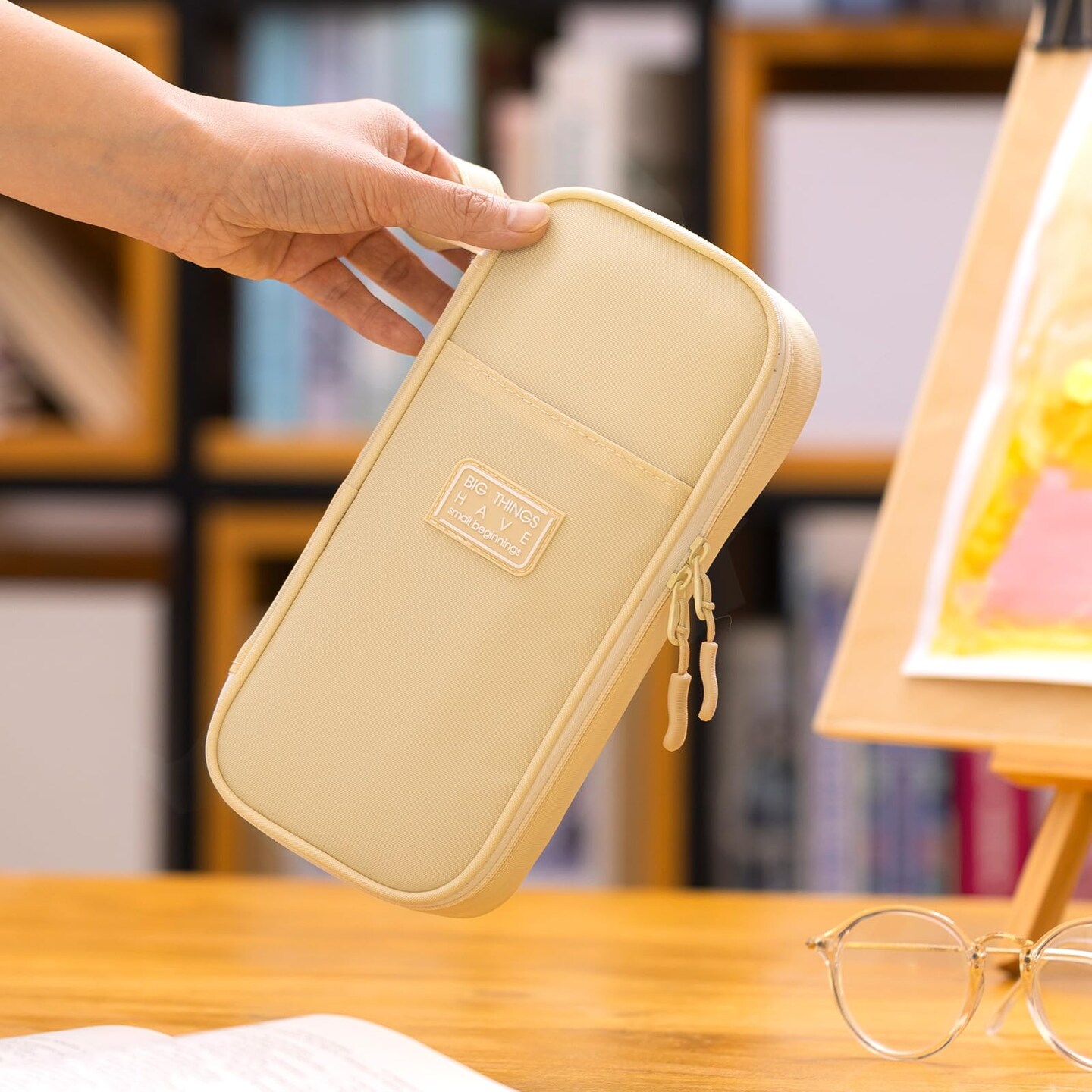Durable Pen Pencil Case Big Storage Pen Pouch Bag for School Supplies College Teen Girls Adults, Beige