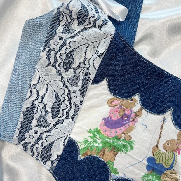Patchwork Denim Corset Top – Handmade Bustier with Lace Trim and