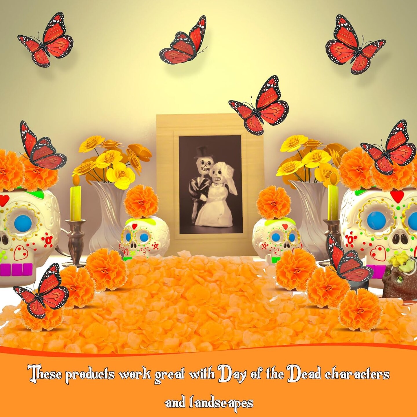 Day of the Dead Decors - 50 Pcs Marigold Flowers, 12 Artificial Butterflies, 500 Orange Flower Petals