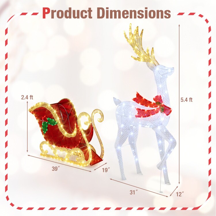 White Red Green Outdoor LED Christmas Reindeer and Sleigh Yard Decoration with 462 Lights