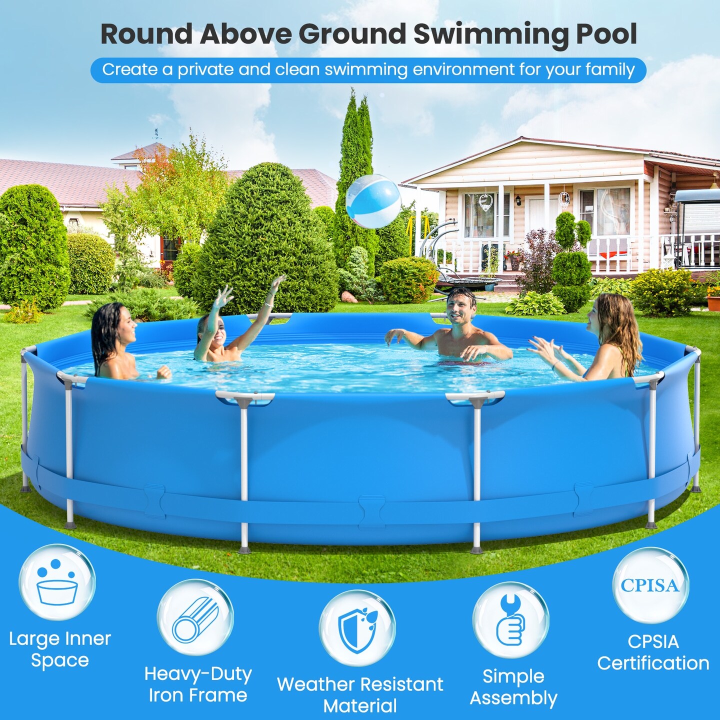 PVC Round Above Ground Pool with Pool Cover for Kids and Adults