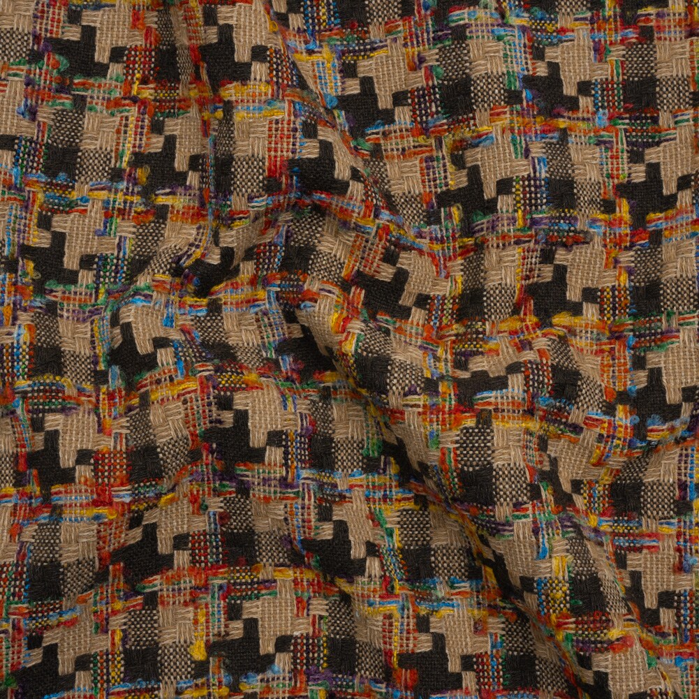 1 Yard Wool Blend Tweedy Boucle Woven Brown Beige and Rainbow Blocky Houndstooth