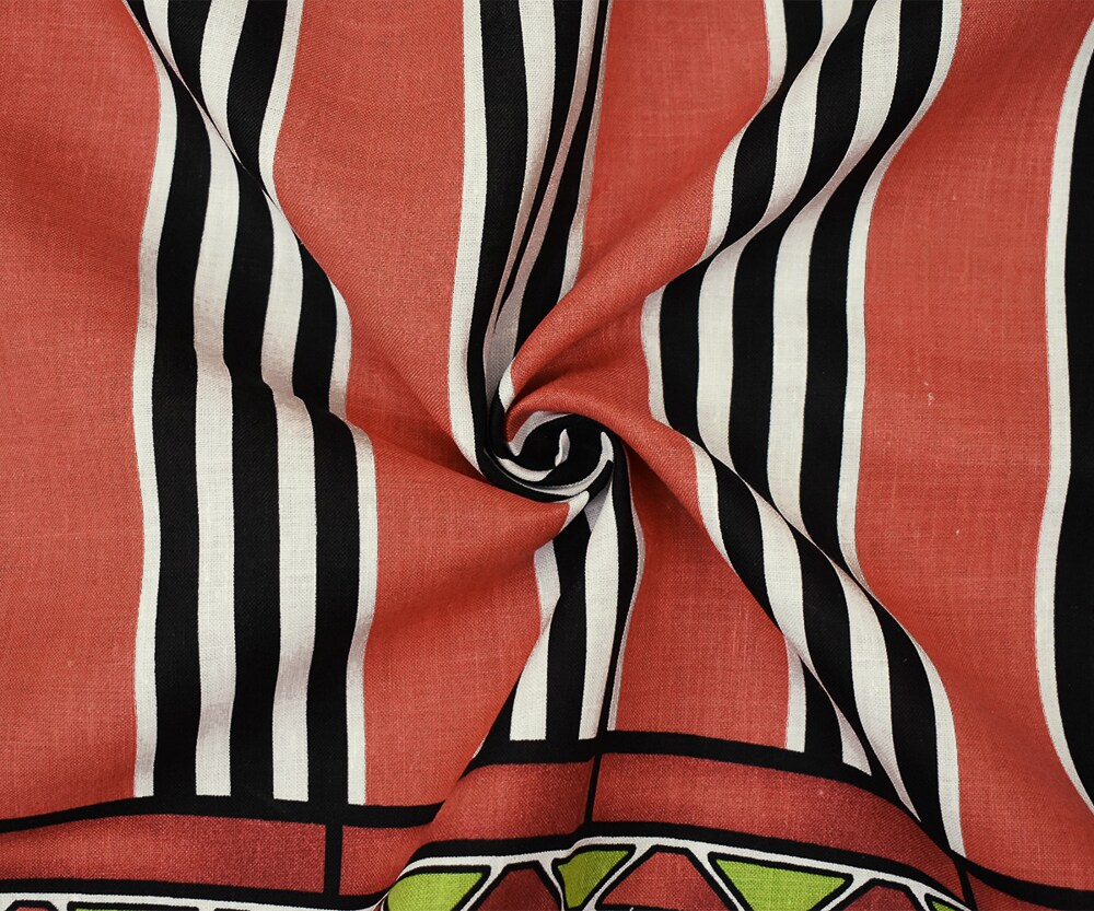 Coral Red-Black-Multi Aztec Pattern Printed Linen Woven Fabric By the Yard