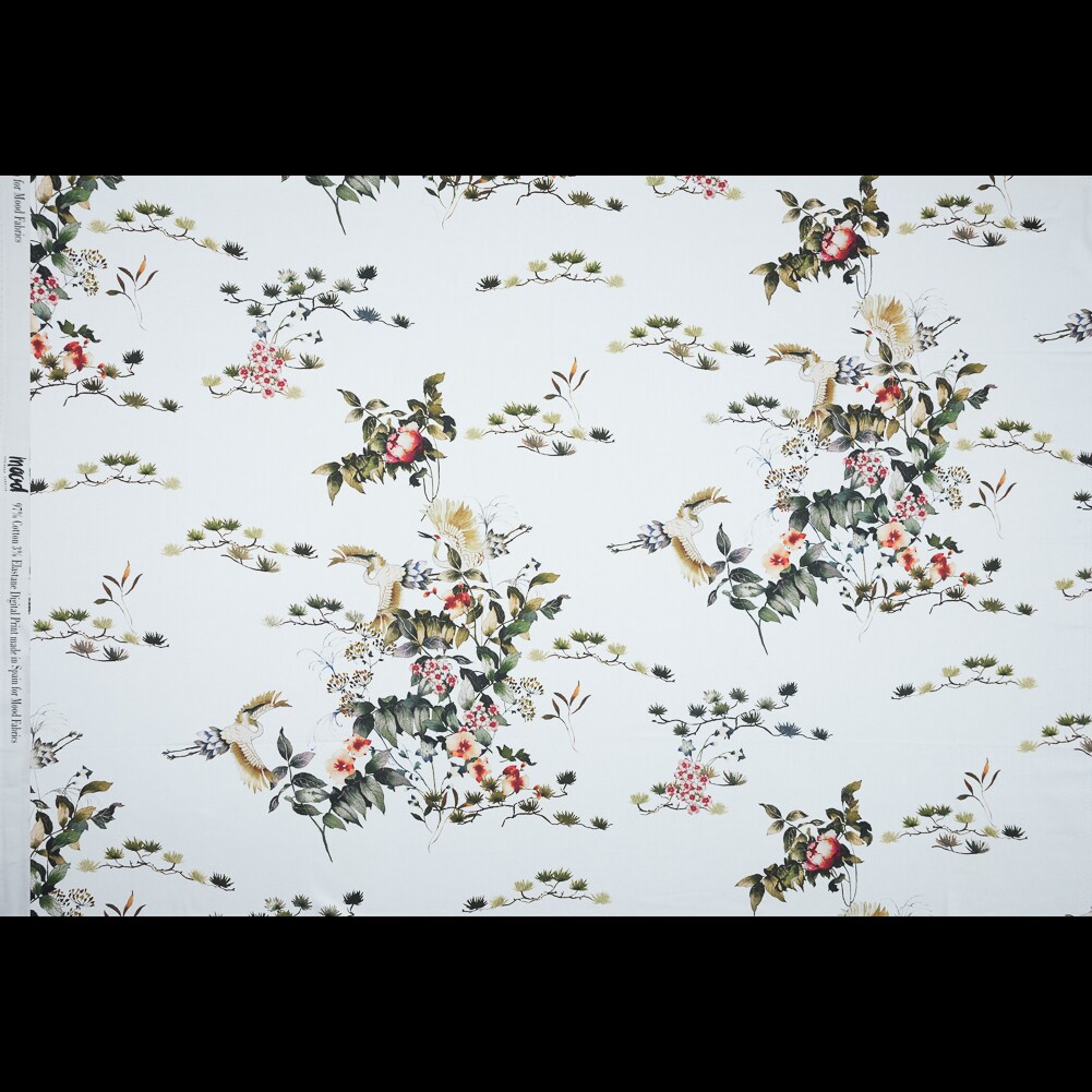 1 Yard White and Green Bird Floral Stretch Cotton Sateen Fabric