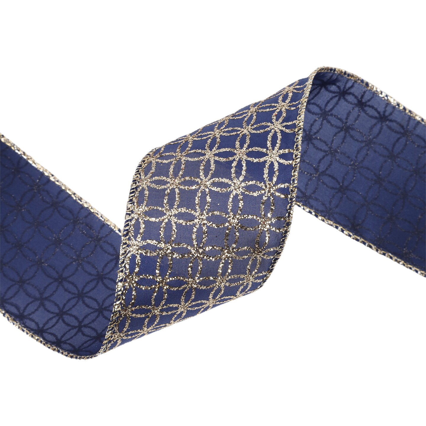 LaRibbons 2 1/2" Wired Ribbon | Gold Circle on Dark Blue | 10 Yard Roll