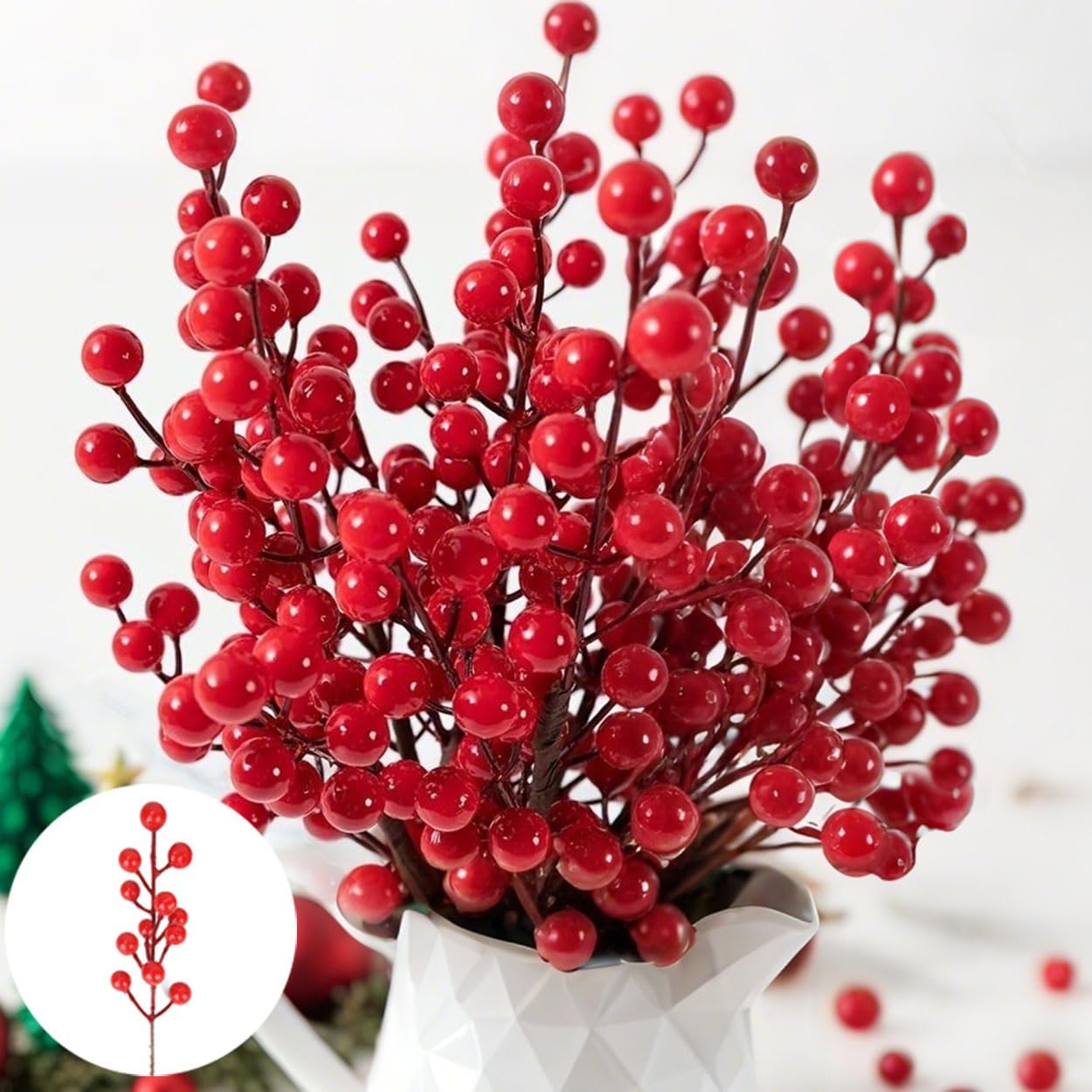 Fake Red Berry Christmas Picks – 30 Pcs Holly Berry Artificial Branches for Christmas Tree Decorations – Red Christmas Ornaments (Red)