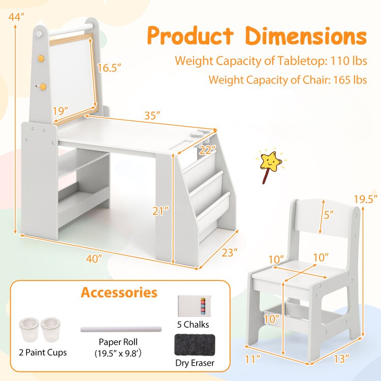 Kids Art Table and Chair Set with Whiteboard Chalkboard Easel Storage and Paper Roll for Drawing