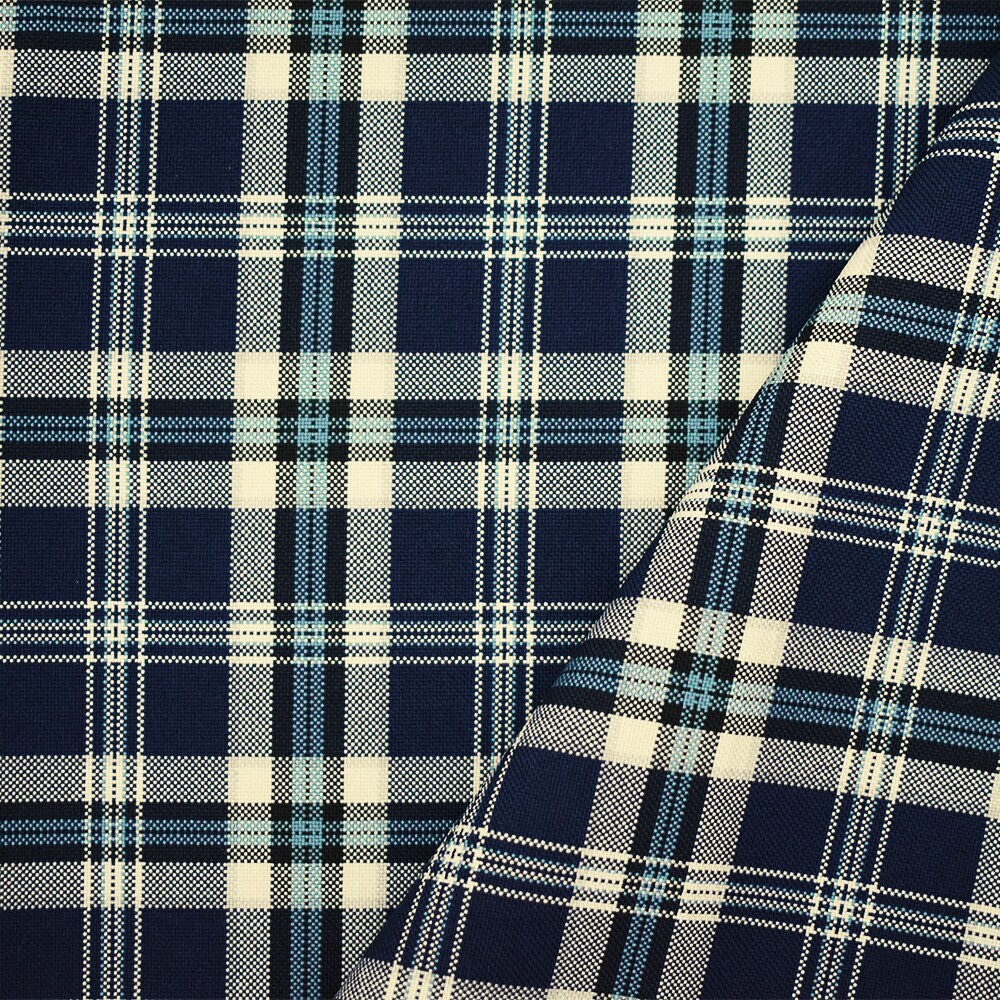 Blue-Ivory-Multi Polyester Plaid Woven Shirting Fabric By the Yard