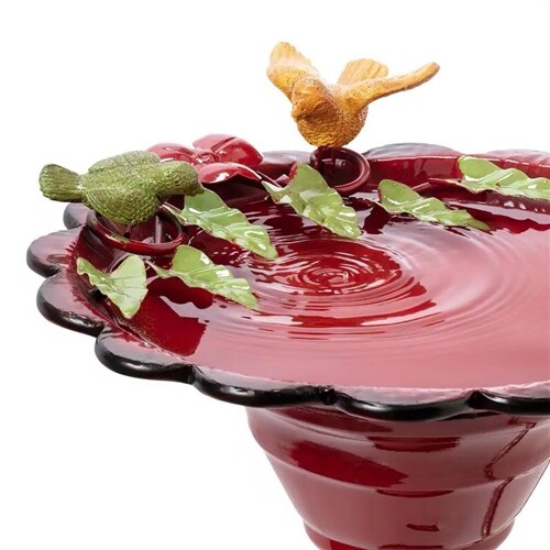 Red Metal Outdoor Birdbath with Decorative Leaf and Bird Figurines for Garden Patio Yard