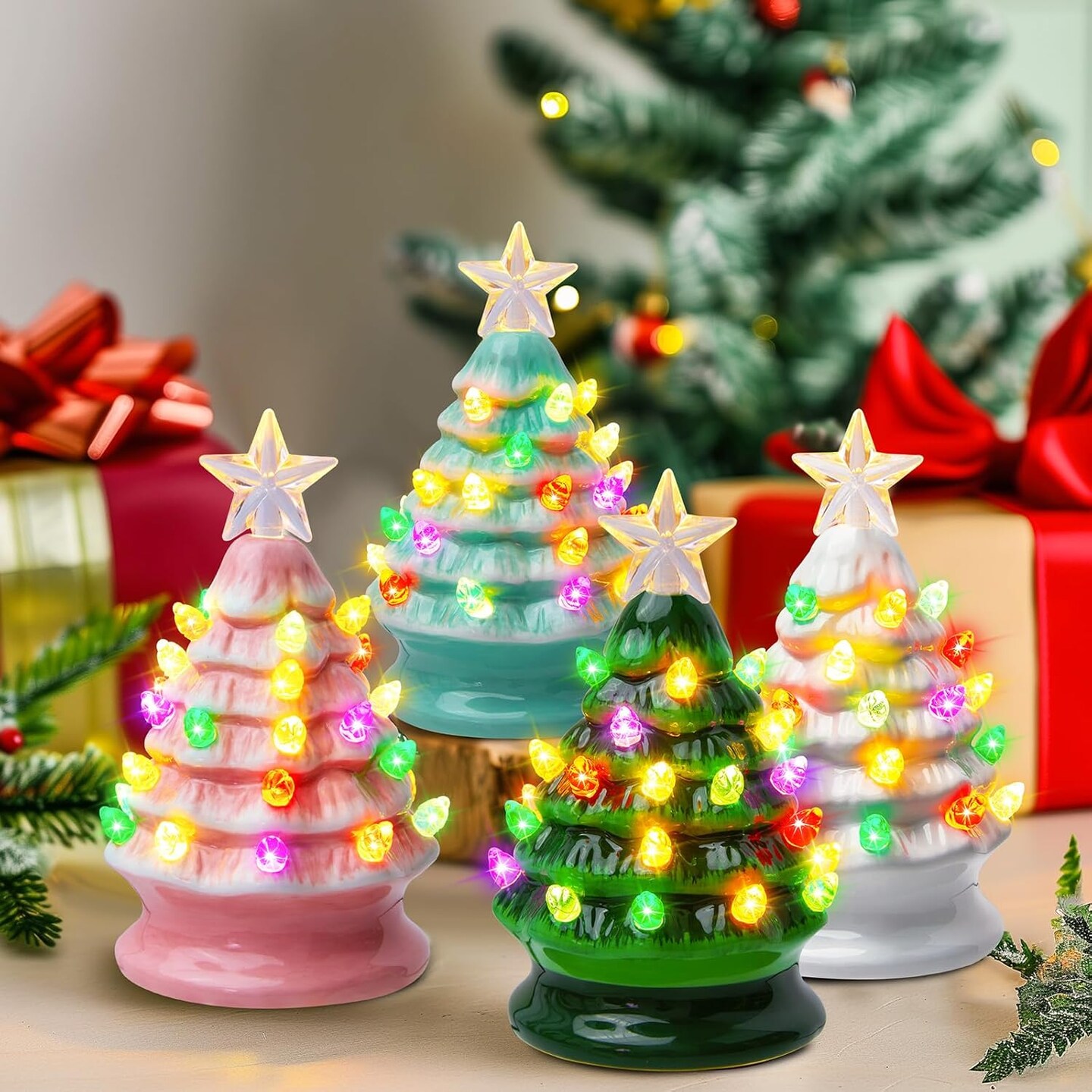 5 Inch Mini Ceramic Christmas Tree(	White + Green + Pink + Light Green)