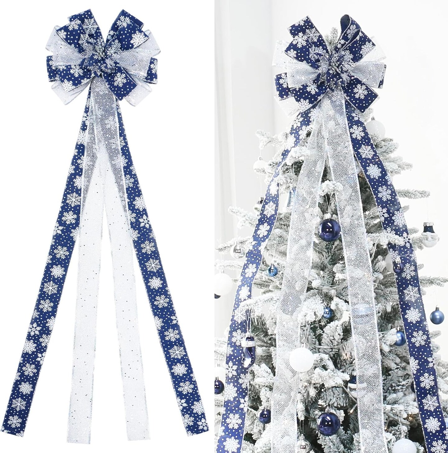 Bow Large Christmas Bow Tree Topper (Deep Blue White)