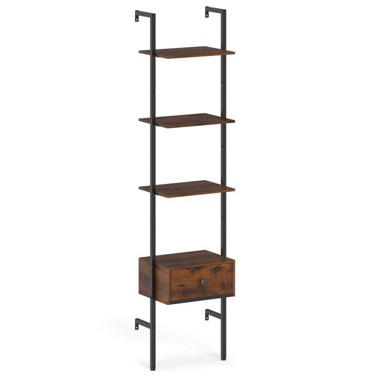 Rustic Brown-Black Metal Ladder Bookshelf with Drawer and 5 Open Shelves