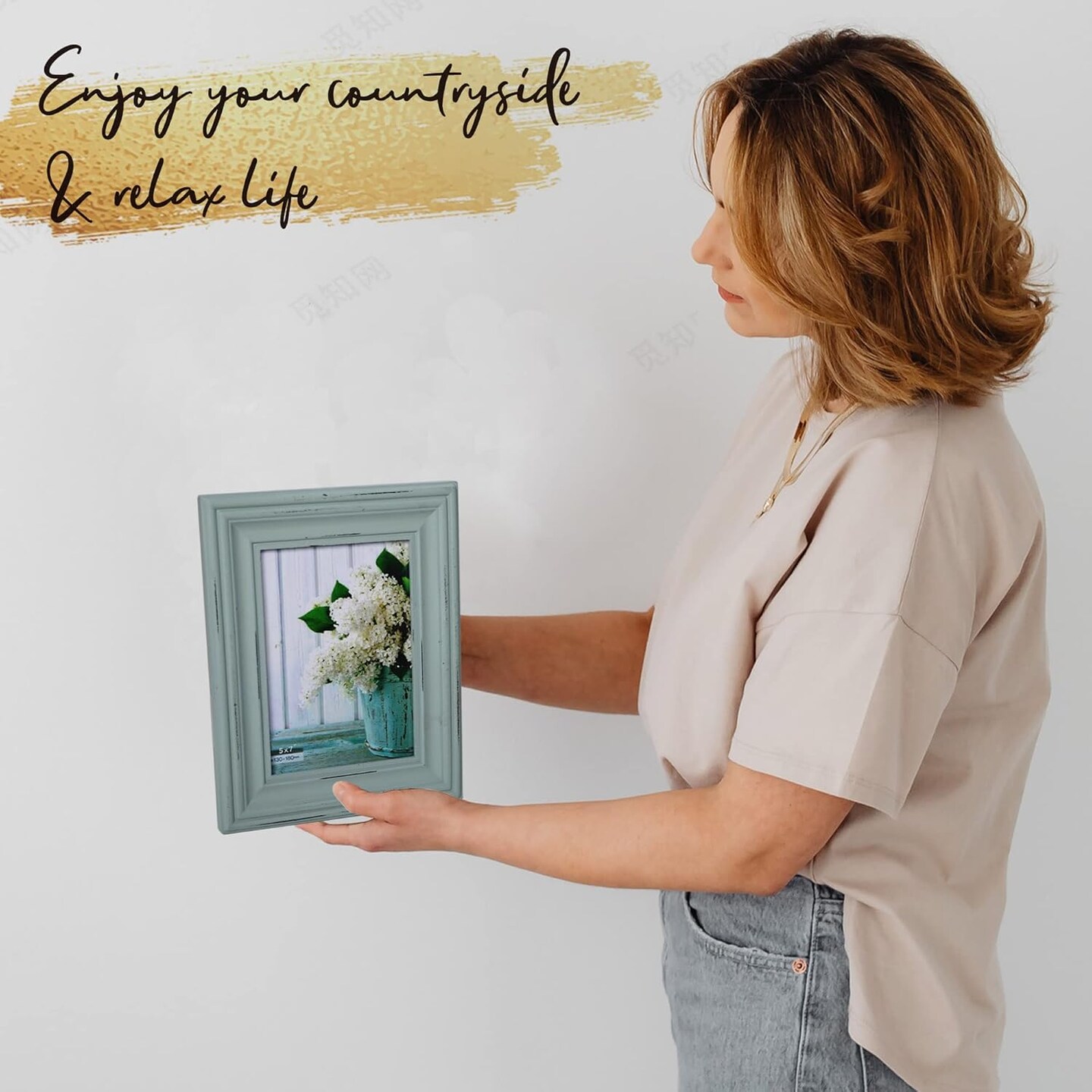 Pack of 2 - Rustic 5x7 Inches Wooden Picture Frame,Vintage Cyan and White in Gift Box(5x7 inches photo)9.9&#x22;L x 7.9&#x22;W