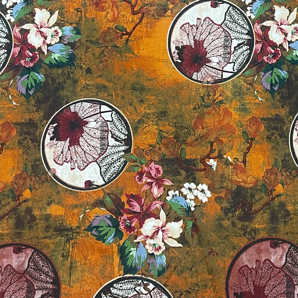 Orange-Red-Multi Floral Circle Art Printed Linen Woven Fabric By the Yard