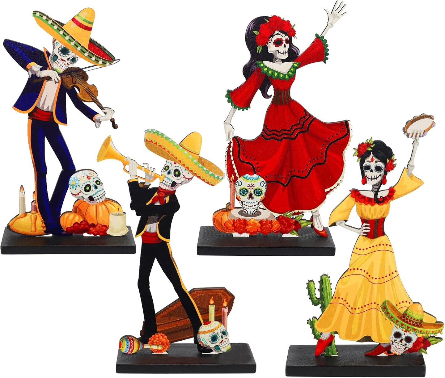 4 Pieces Day of The Dead Table Top Decorations Wooden Halloween Sign for Mexican Fiesta Decorations