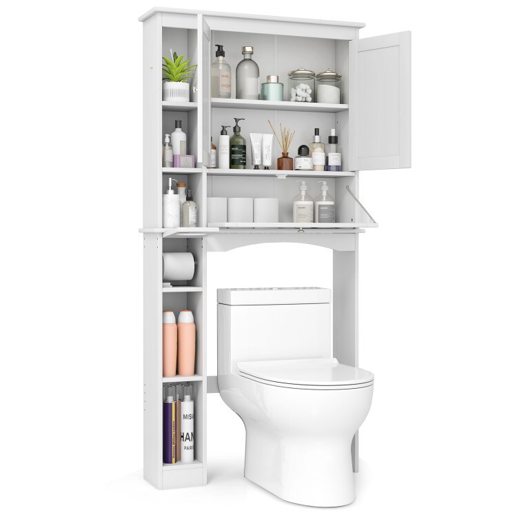 White Over-the-Toilet Storage Cabinet with Double Doors Adjustable Shelves and Tissue Holder