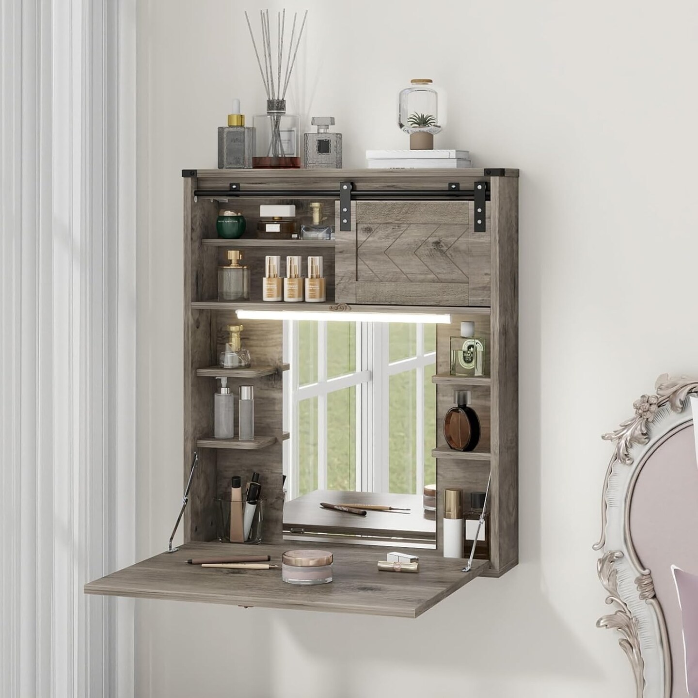 Floating Vanity Desk with Mirror and Lights Small Wall Mounted Makeup Set with Storage Gray Farmhouse Dressing Table for Tiny Space