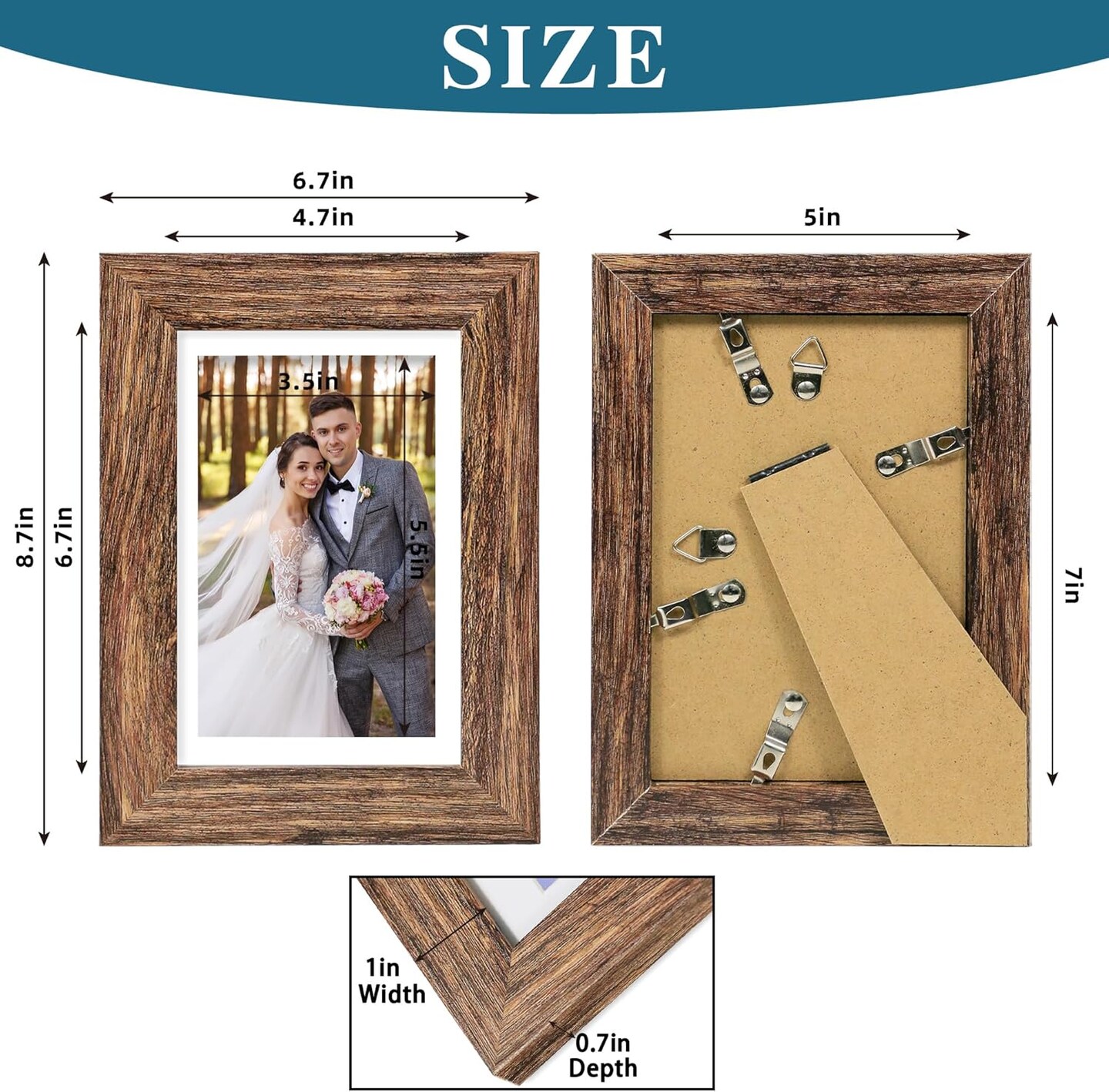 2 Pack 5x7 Wooden Picture Frames with Real Glass (Rustic Brown)