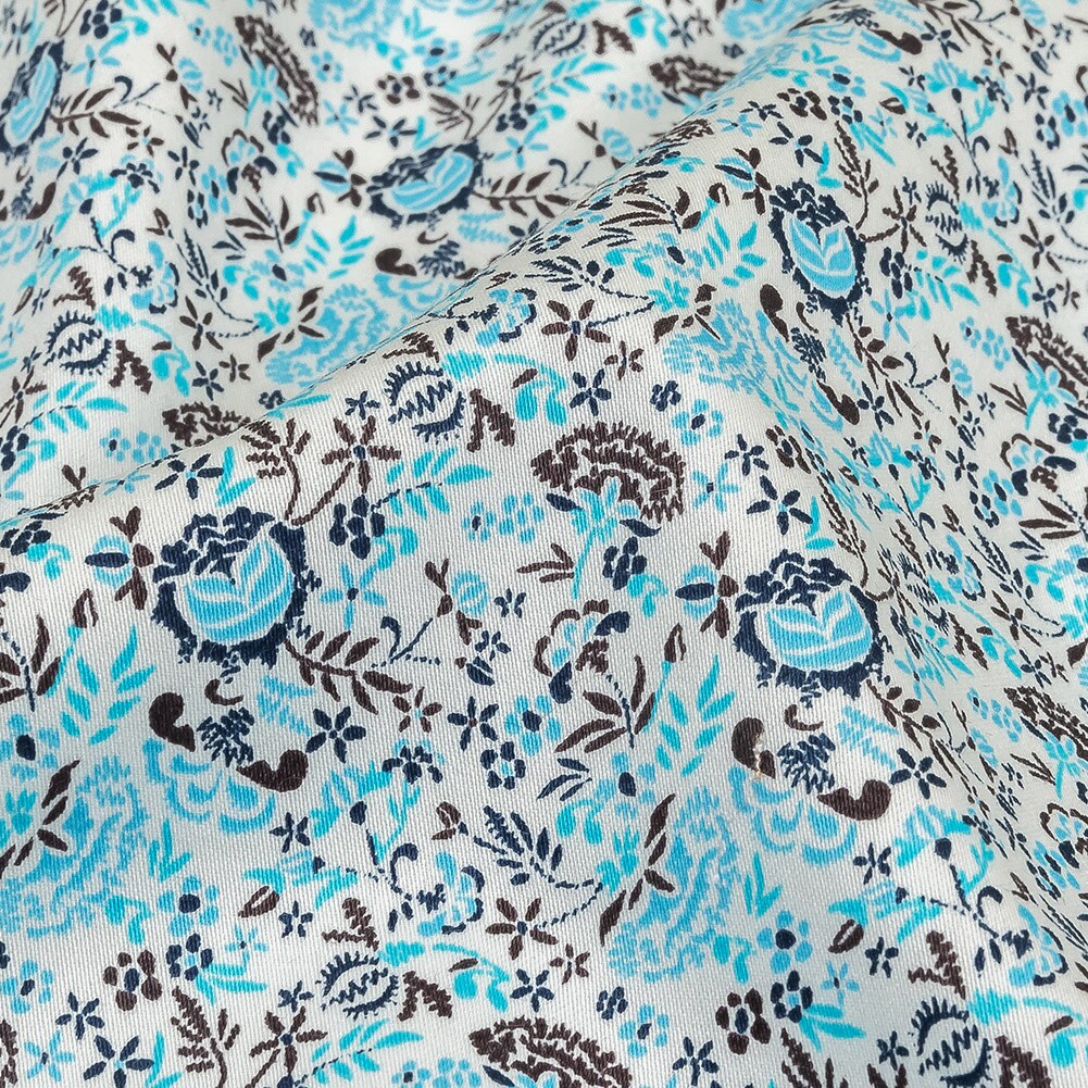 1 Yard Turquoise Blue Indigo and Umber Floral Cotton Sateen Fabric