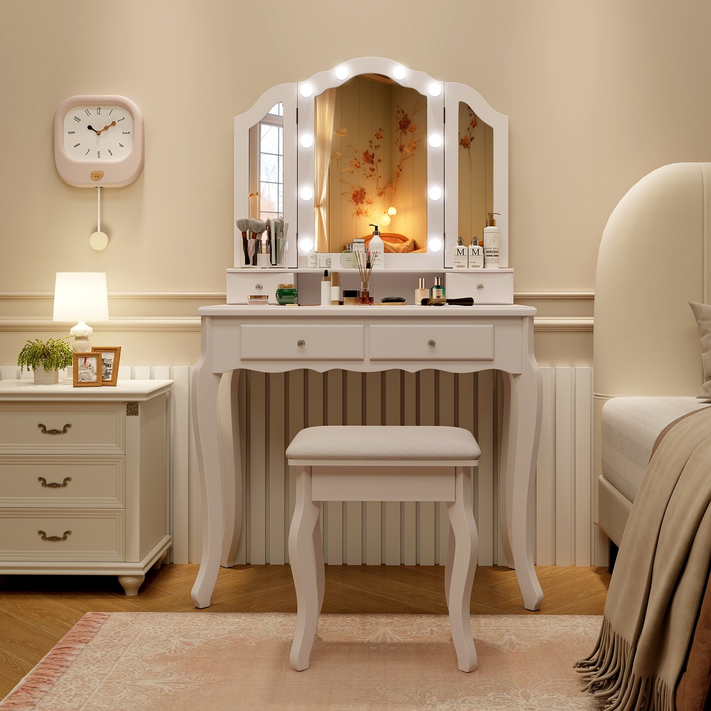Makeup Vanity Table Set with Lighted Mirror and Drawers-White