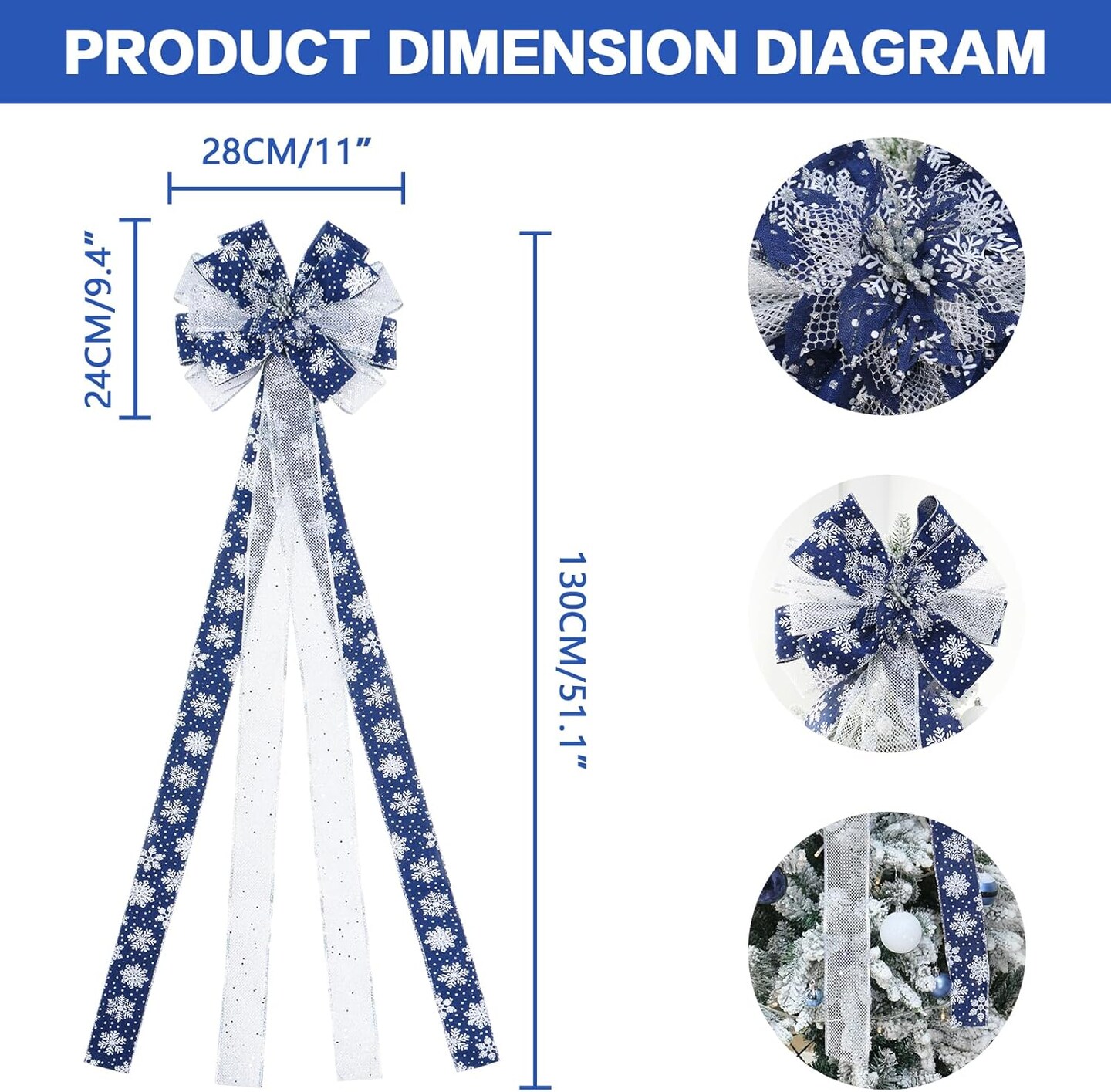 Bow Large Christmas Bow Tree Topper (Deep Blue White)
