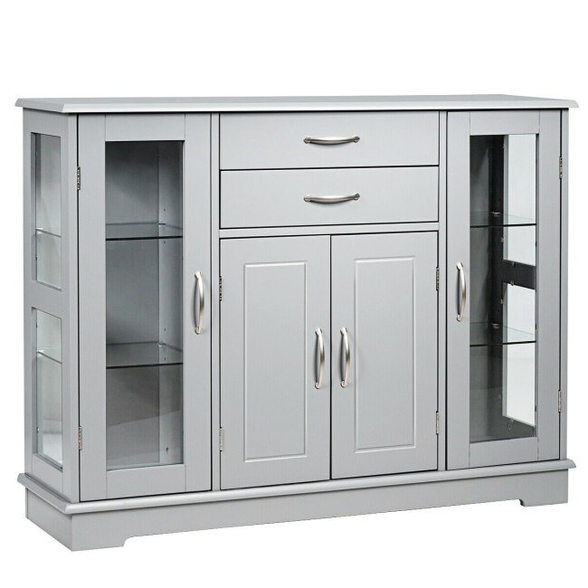 Buffeet Platform Buffet Sideboard with Adjustable Shelves and Glass Doors, Color: Grey ...