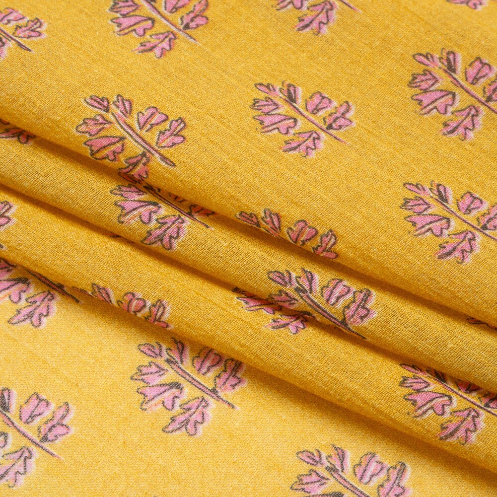 1 Yard Yellow and Pink Leaves Crinkled Cotton Gauzy Woven Fabric 51 inch Width
